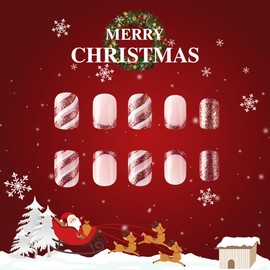 Christmas Press on Nails Short Square Fake Nails Pink Glitter French Tip False Nails with Designs Snowflakes Stripe Glossy Glue on Nails Nude Full Cover Acrylic Stick on Nails for Women Girls 24Pcs