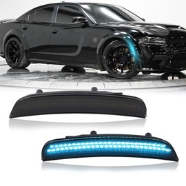 POPMOTORZ 2PCS Front Fender Ice Blue LED Side Marker Lights Assembly Compatible With 2015 2016 2017 2018 2019 2020 2021 2022 2023 Dodge Charger LED Front Bumper Side Marker Lights Lamps Smoked Lens