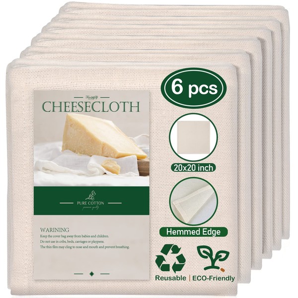 6 PCS 20x20 Inch Hemmed Cheesecloth, Grade 100, 100% Unbleached Cotton Fabric Ultra Fine Reusable Muslin Cloth for Straining, Cooking, Baking, Home