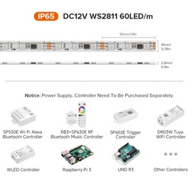 BTF-LIGHTING WS2811 IC=RGB+IC Addressable Dream Color LED Strip 16.4FT 60LEDs/m 20Pixels/m IP65 Splash Proof White PCB Flexible DC12V Chasing Effect for Home Indoor Decor(No Adapter or Controller)