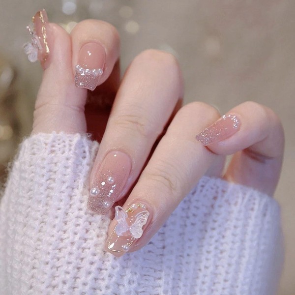 POKENGDA Coffin Acrylic Fake Nails Design,Nail glue included,Long Super Bling