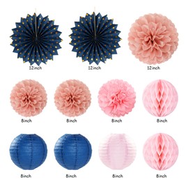 Pink Rose-Gold Navy-Blue Birthday Party-decorations - 21pcs Women Girl Happy Banner Garland, Paper Streamers Lanterns,Flower Tissue Pom Poms Fan Supplies, Princess Wall Backdrop Decor Huglony
