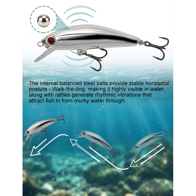 Avlcoaky Minnow Lure Set Reflective Electroplated Jerkbait, 2pcs 3/8oz Mirror