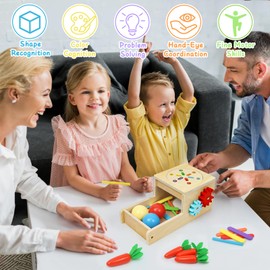 XIAPIA Montessori Wooden Toy from 1 Year, 6-in-1 Baby Motor Skills Toy with Object Permanence, Sorting Game, Wooden Puzzle for Boys and Girls, Children's Plug-in Game Gift for Birthday, New Year