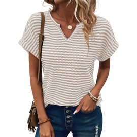 EVALESS Womens T Shirts Cap Short Sleeve V Neck Tees Fashion Trendy Dressy Casual Summer Striped Going Out Tops 2025 Spring Loose Fitted Outfits,Beige Stripe Large