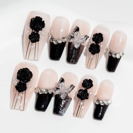 Sun&Beam Nails Handmade Long Coffin Ballerina Nude False Nail Tips with Cute 3D Black Flower Butterfly Diamond Popular Charm Design Press On Nails 10 Pcs (#069 L)