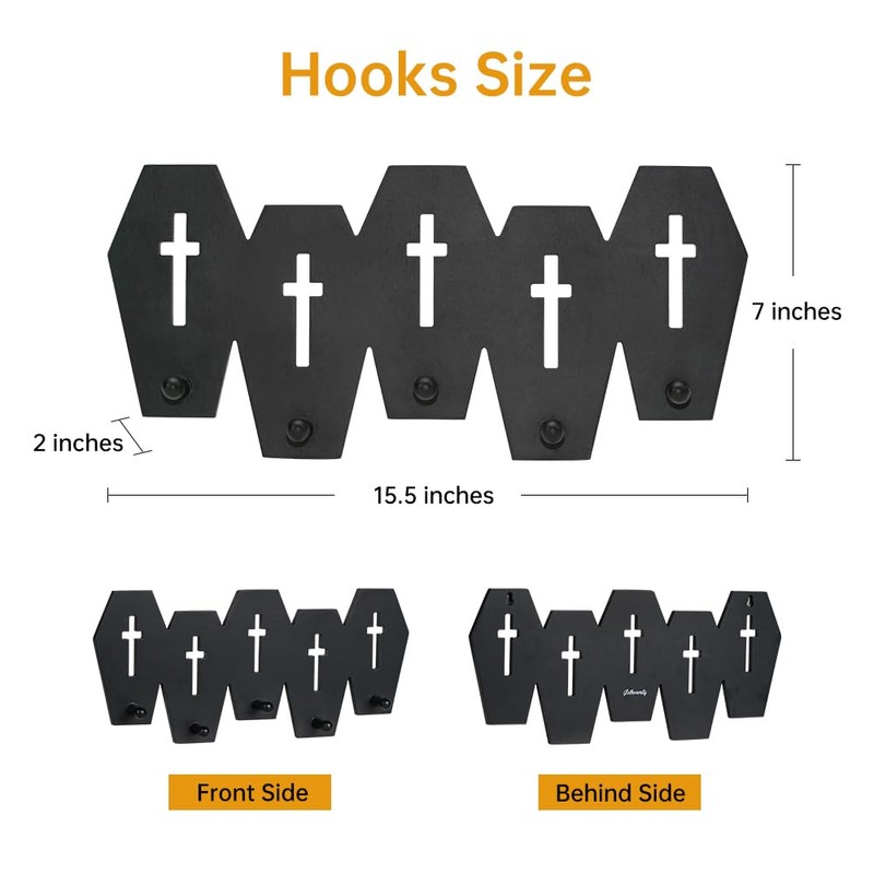 Coffin Coat Hooks, Black Wooden Coat Rack with 5 Hooks,