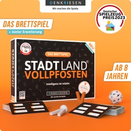 DENKRIESEN Stadt Land Vollpfosten® The Board Game | Basic Game Including Junior Expansion | From 8 Years | 4-12 Players | Party Game