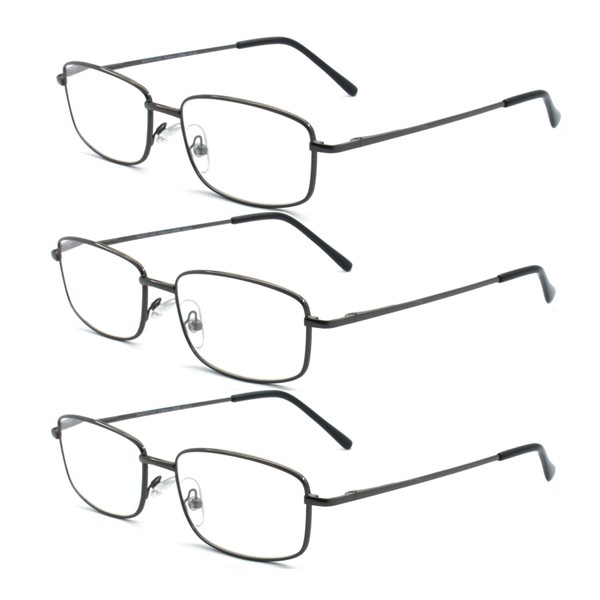 EYE ZOOM 3 Pack Extra Wide Rectangular Metal Reading Glasses for Men and Women (Gunmetal, 1.50)