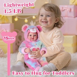 BABESIDE Baby Dolls, 15-Inch Realistic Soft Cloth Body Baby Doll Real Life Baby Dolls with Accessories in Rainbow Plush Bear Outfit, Strawberry Scented Gift for Girls Age 3+, Pretend Play, Collection