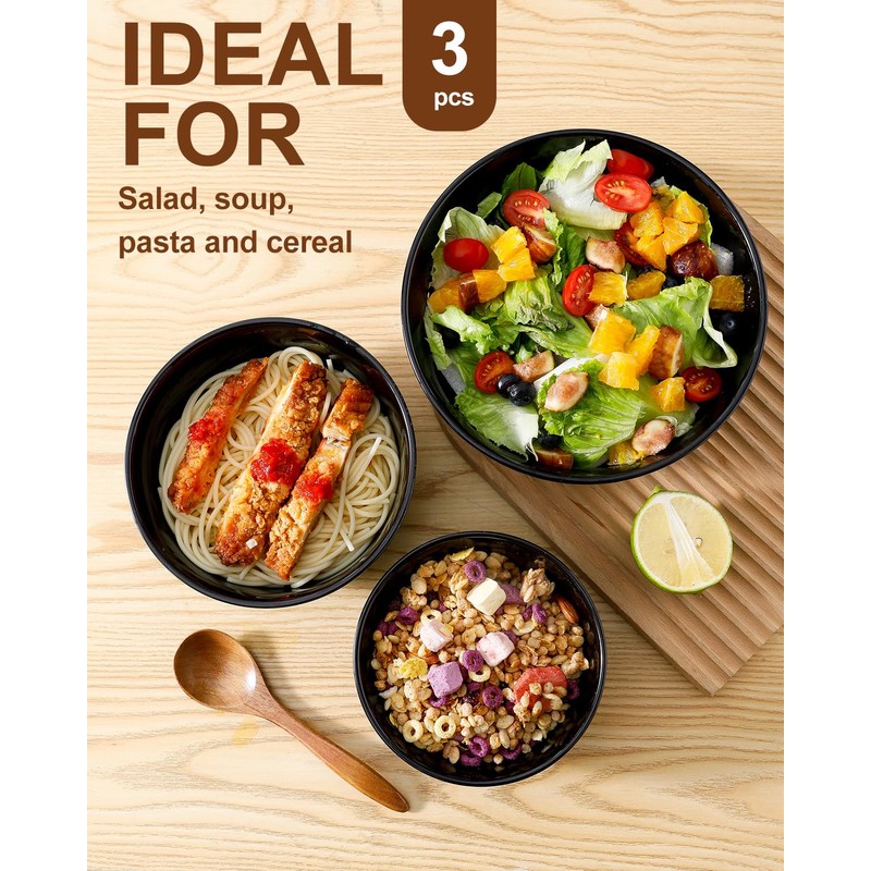 Hasense Porcelain Mixing Bowls of 3, Large Ribbed Black Bowls
