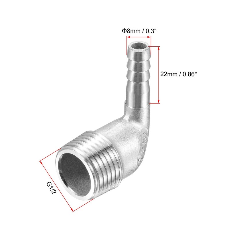 sourcing map 304 Stainless Steel Hose Barb Fitting Elbow, 8mm