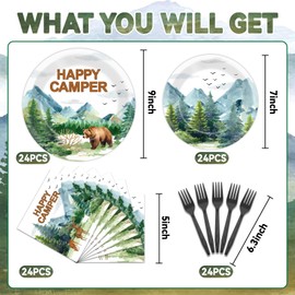 Camping Party Plates Napkin Happy Camper Dinnerware Camping Adventure Themed Birthday Party Tableware Set Disposable Fork Supplies for Boys Girls Camping Tournament Birthday Party Decorations Serve 24