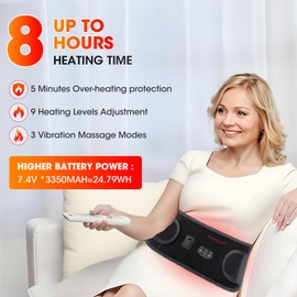 CUEHEAT Heated Waist Belt, Cordless Heating Pad for Low Back, Electrical Heating and Massage, Rechargeable Battery Powered (Black Upgraded,45 inches)