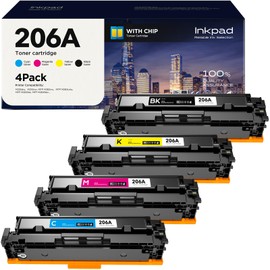 iNKPAD 206A Toner Cartridges 4 Pack (with Chip) 丨W2110A Compatible with HP Set 206A 206X for HP Color Laserjet Pro MFP M282nw M283fdn M283cdw M255dw M255nw M554 Printer丨W2111A W2112A W2113A（B/C/M/Y