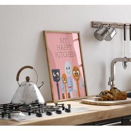 Lithobee - My Happy Kitchen - Printed Wall Art Design in Sizes A2, A3 & A4 Framed in a Stylish Quality Coloured Frame or Unframed (A4 White Ornate Frame)