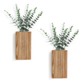 Dahey Dahey 2 Pack Wood Wall Planter Vase with Artificial Eucalyptus Farmhouse Wall Hanging Decor Pocket Planter for Indoor Fake Plants Greenery Flowers, livingroom Bedroom Kitchen Home Office Decoration
