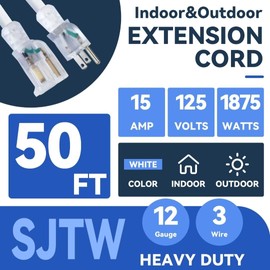 FNXPOW 50 ft Lighted Outdoor Extension Cord - 12/3 SJTW Heavy Duty White Extension Cable with 3 Prong Grounded Plug - 15AMP Power Cord for Lawn, Garden, Appliances