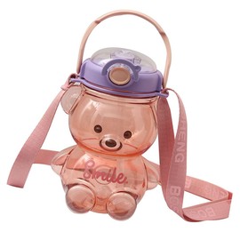 Tumnea Water Bottle for Children, Water Bottle with Straw, Kawaii Bear Water Bottle, Portable Cartoon Children's Water Bottle with Adjustable Shoulder Strap for Outdoor Travel