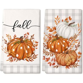 2 piezas de toallas de cocina de otoño Juego de 2 toallas naranja calabaza gris a cuadros Toalla de secado Paño de cocina Decoración rústica para el