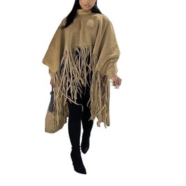 xxxiticat Women's Fringe Suede Poncho Long Sleeve High Neck Asymmetric Tassel Shawl Cape Cloak Oversized Pullover Jacket(CM,L)