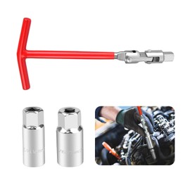 pinflaw 3 PCS Car Spark Plug Socket Wrench, 3/8" 0.62" + 0.82" Carbon Steel T-type Rubberized Universal Joint Handle Hexagonal Socket, Repair Accessories, for Cars, Trucks and SUVs (Red & Silver)