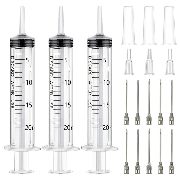 3 Stück Spritzen 20ml, Plastikspritze 20ml mit Edelstahl Nadeln, Wiederverwendbare