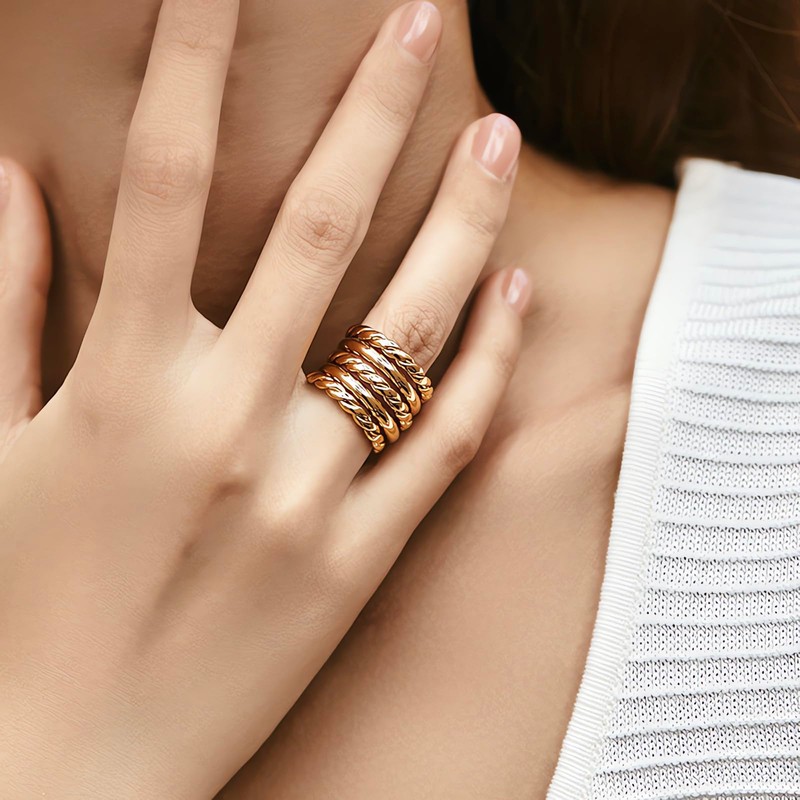 Jewlure 18K Gold-Plated Ring, Women's Fried Dough Twists Multi-Layer Ring,