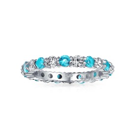Bling Jewelry Aqua White Alternating Two Tone Eternity Band Ring For Women Simulated Aquamarine CZ Stackable 925 Silver