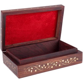 STORE INDYA Handcrafted Decorative Wooden Trinket Jewelry Box with Mughal Inspired Brass Inlay Floral Carvings Treasure Chest keepsake Boxes Jewellery Storage Organiser Great for Gifts - 20X13 CM