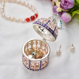FJ FENGZHIJIE Silver Bird Cage Jewelry Box Crystal Enameled Hand-Painted Hinged Trinket Box, Elegant Home Décor & Unique Gift for Bird Lovers