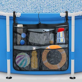 Pool Side Storage mesh bag, 24 x20" Above Ground Swimming Pool side Hanging Organizer Net Basket for Towels, Cups, Toys, Outdoor Pool Accessories with Hooks Attaches to Poolside and Fence (Black)