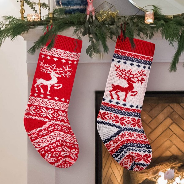 Christmas Stockings, 2pcs 18 inch Personalised Stocking Knitted Christmas Stocking, Large Xmas Stockings for Adults Kids, Hanging Gift Bag Socks Ornaments for Christmas Fireplace Tree Decorations