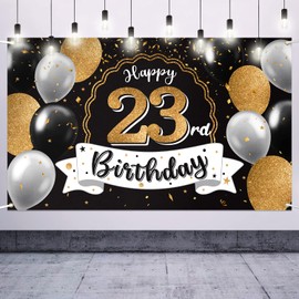 Nelbiirth Happy 23rd Birthday Decorations, 23rd Globo Negro y Dorado Grande Cumpleaños Banner Telón de Fondo – Saludos a 23 Años Decoración de Fiesta de Cumpleaños