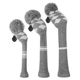 Scott Edward Knitted Golf Club Head Covers for Woods 3Pcs Set Golf Driver (460CC) Fairways and Hybrid/UT with Rotating Number Tags(Grey White Argyles)