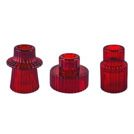 Double Sided Vintage Ribbed Taper Glass Candle Holders,Tea Candle Holder for Table Centerpieces, Wedding Decorations and Dinner Parties (Red, 3 PCS)