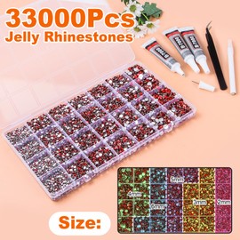 33000Pcs Red Resin Jelly Rhinestones for Bedazzling, 2-6mm Flatback Gems for Diamond Art, Bedazzler Kit with 3Pcs 10ml B7000 Jewelry Glue for Crafting Crafts Nail Art