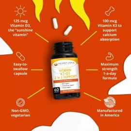 Me First Living K2+D3 Vitamin with Bioperine - 2 in 1 Support - 60 Capsules