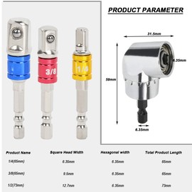 TIMESETL 3Pcs 1/4" 3/8" 1/2" Cr-V Hex Shank Impact Grade Socket Adapter Extension Set & 105° Right Angle Drill Bit Adapter Attachment 1/4" Drive 6mm Hex Magnetic Bit Socket Screwdriver Holder Adaptor