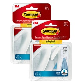 Command Bath Large Towel Hook Value Pack, Total 6 Large Wall Hooks with 6 Water Resistant Strips, 2-Pack of 3 Hooks, Organize Damage-Free