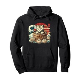 Chibi Cat in a Dim Sum Basket Japanese Funny Graphic Kawaii Pullover Hoodie
