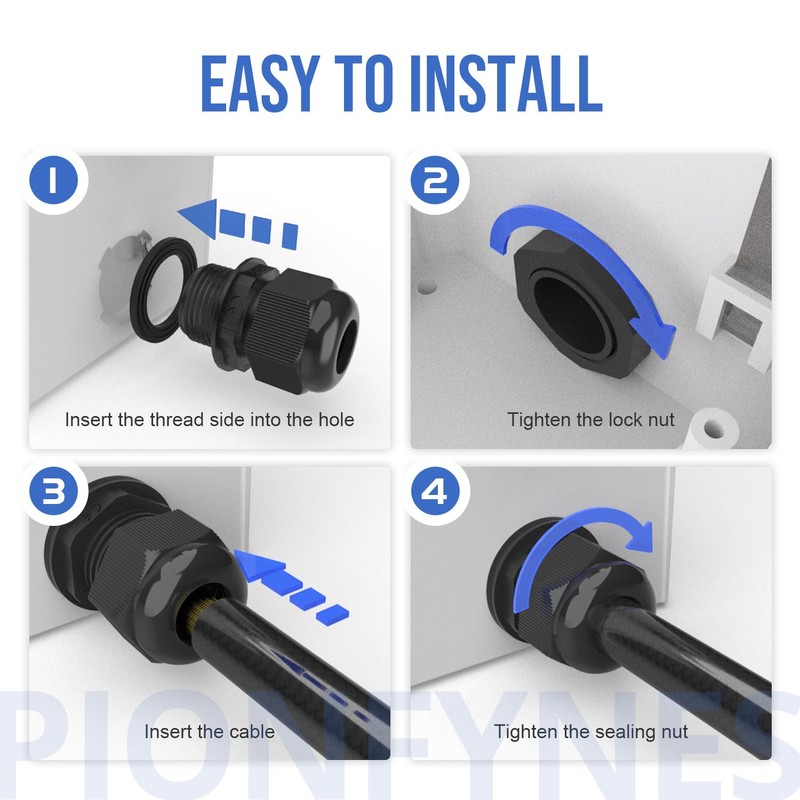 PIONFYNES 20PCS PG16 Cable Gland Waterproof Adjustable 10-14mm/0.39-0.55inch Nylon Cable