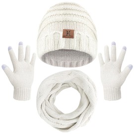 MAYLISACC - Gorros de invierno para mujer, 3 piezas, de punto grande, holgados, bufanda larga, guantes para visualización táctil, Blanco-3 piezas-(sombrero+bufanda+guantes), Talla única