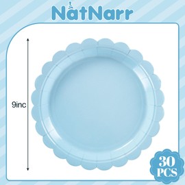 NatNarr 30 Pcs Light Blue Plates 9 Inch Disposable Scalloped Blue Plates Baby Blue Dessert Plate Cute Party Plate for Baby Shower, Wedding, Birthday