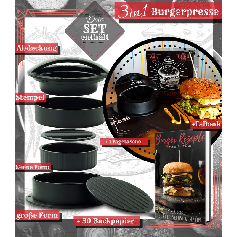 Le Flair® 3-in-1 burger press set, hamburger press with storage