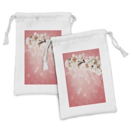 Ambesonne Coral Fabric Pouch Set of 2, Blossoming Tree Branch Japanese Cherry Sakura Fresh Spring Garden Romantic, Small Drawstring Bag for Toiletries Masks and Favors, 9" x 6", Coral Green White