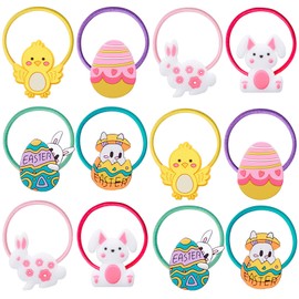 Totelux Easter Hair Ties for Girls Small Rubber Bands Ponytail Holder Cute Chick Rabbit Easter Eggs Elastics Hair Band Scrunchies Spring Easter Hair Accessories 12Pcs