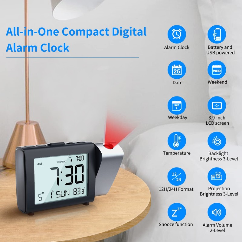 MeesMeek Projection Alarm Clock for Bedroom: Digital LCD Clock with