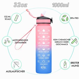 Children's Water Bottle, 600 ml Water Bottle, BPA-Free, Sports Water Bottle, Leak-Proof, Sports Bottle with Time Marking for Fitness (Blue/Pink, White/Black, 1000 ml)
