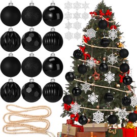Aoriher 45 Pcs Christmas Ornament Set, 34Pcs Christmas Ball Hanging Christmas Tree White Black Ball with Wooden Garland Snowflake for Big Christmas Tree Holiday Wedding Party Decoration(Black)